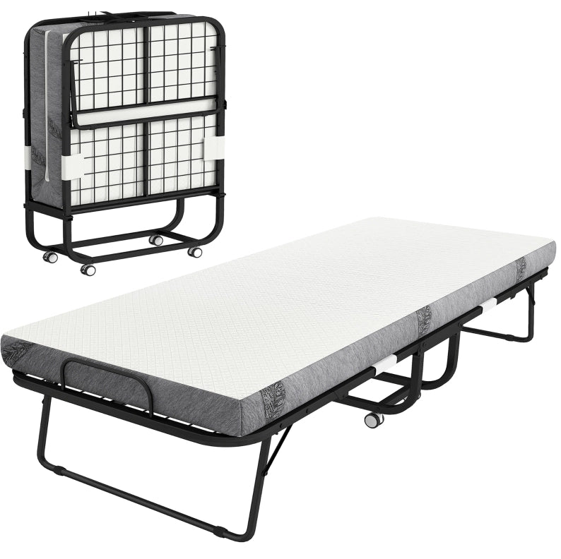 Letto pieghevole 90x200 cm con ruote e rivestimento in poliestere bianco
