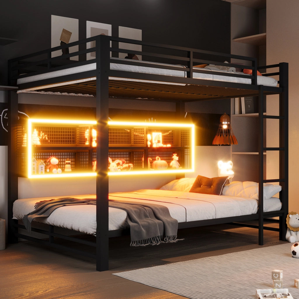 Letto a castello 140x200 cm con armadi contenitore e luce LED, Nero