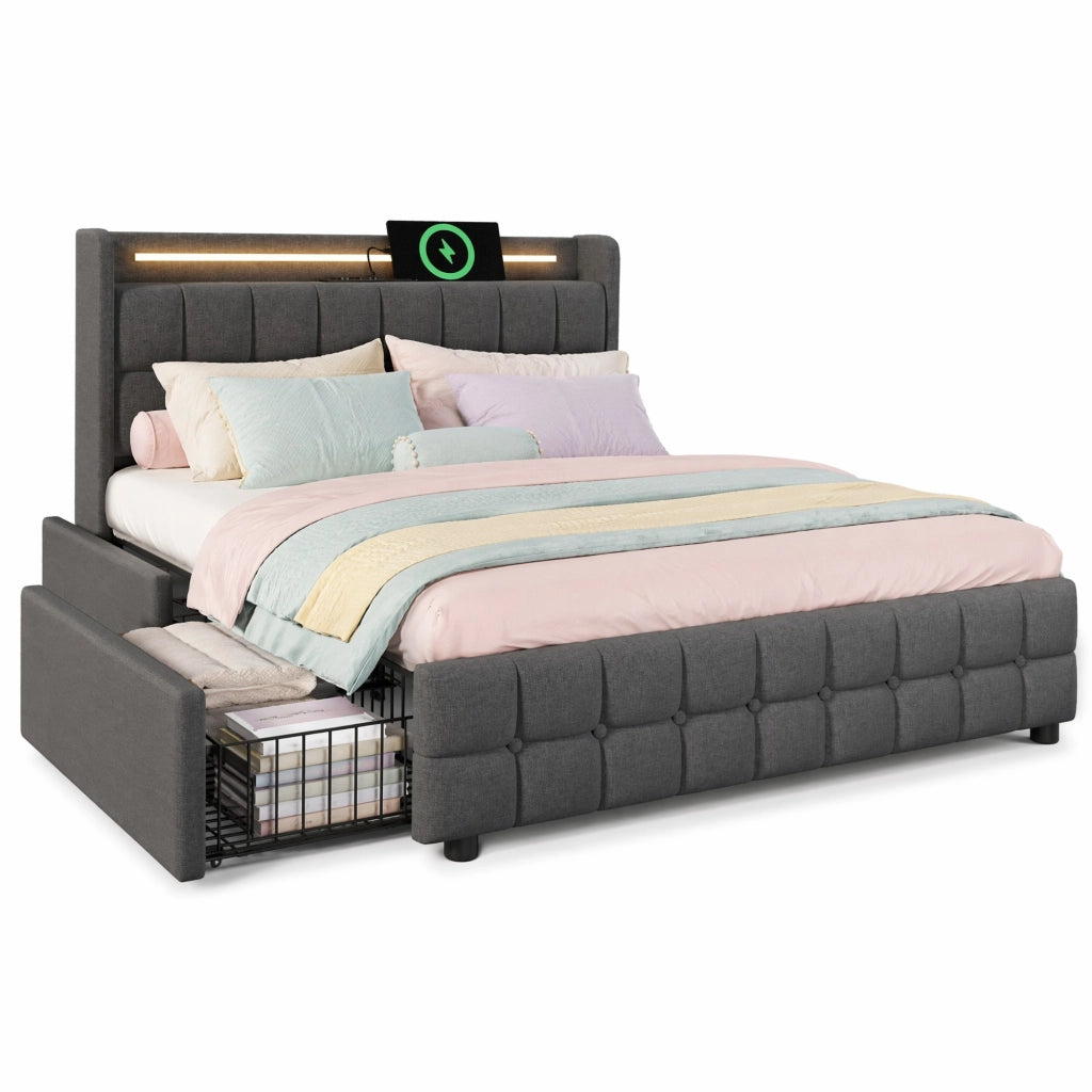 Letto matrimoniale 160x200 cm con 4 cassetti; LED e prese USB; grigio
