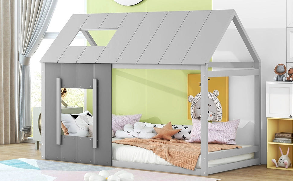 Letto per bambini a forma di casa 90 × 200 cm in pino e MDF grigio con tetto e finestra