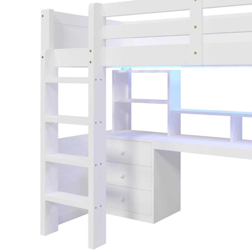 Letto a soppalco 90 × 200 cm con scrivania armadio cassetti ripiani LED in legno di pino MDF compensato bianco