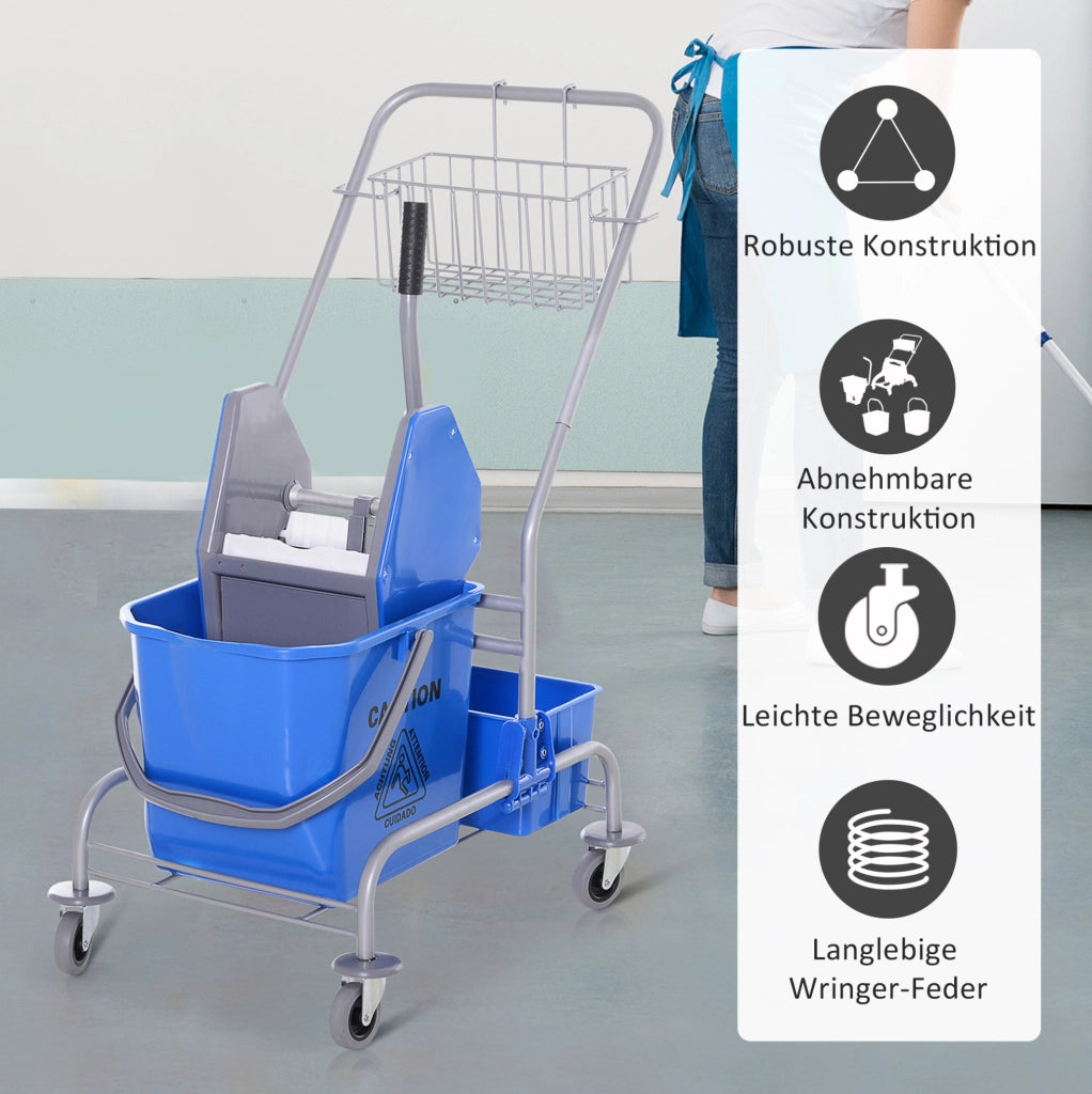 Carrello per pulizie blu con secchio da 25 L e strizzatore