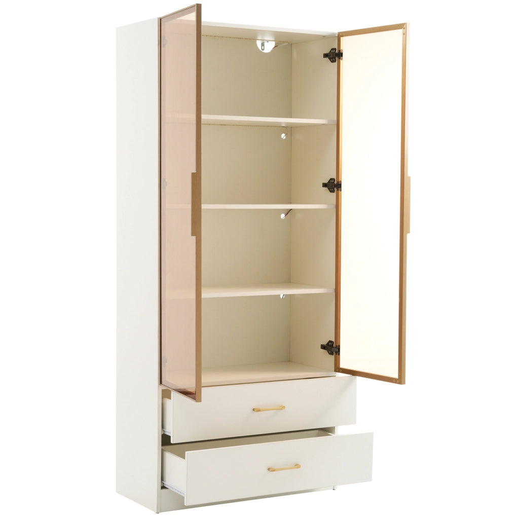 Armadio bagno 75x34,5x170 cm MDF bianco, vetro temperato, luce e 2 cassetti