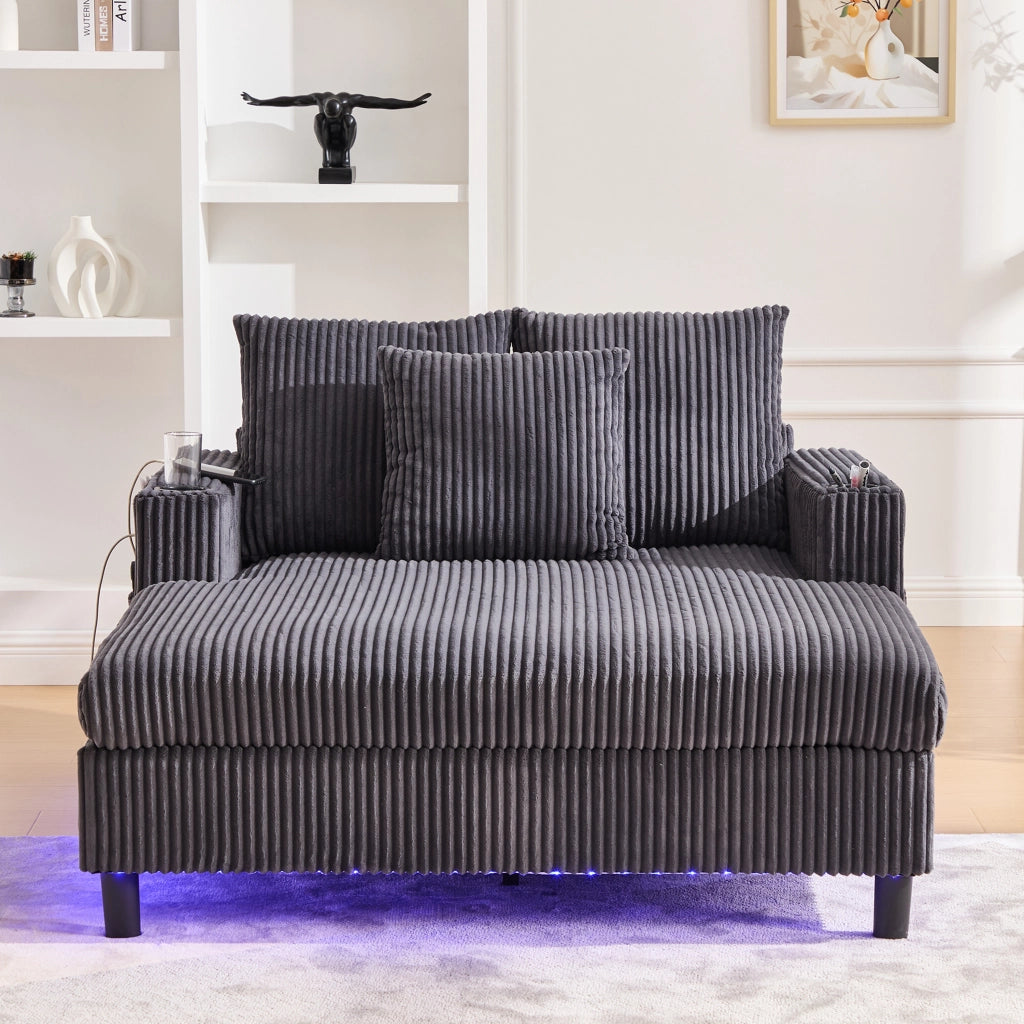 Poltrona relax oversize con LED, USB e portabicchieri in velluto a coste grigio scuro