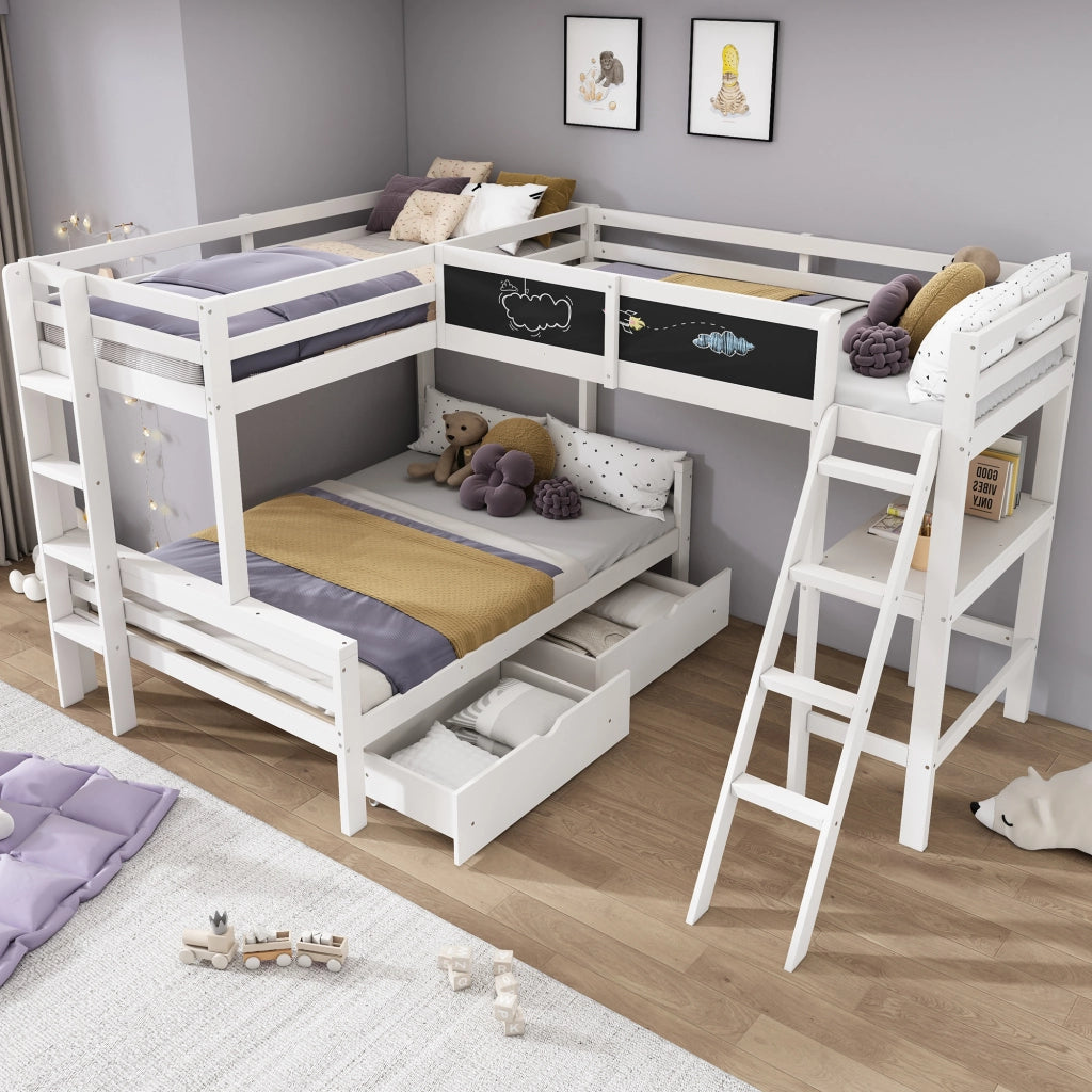 Letto a soppalco per bambini tre posti con scrivania cassetti in legno bianco e rovere con scala sicura