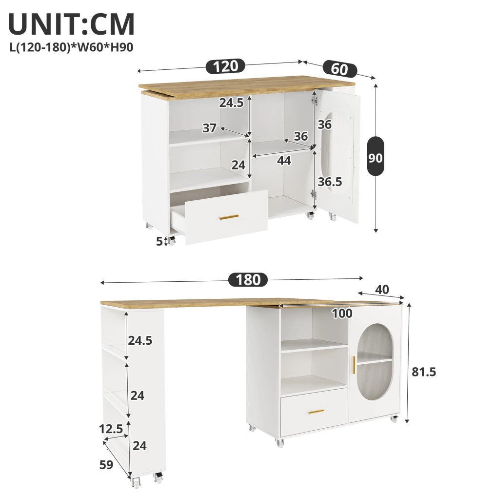 Isola cucina mobile con piano girevole 360° 120-180x60x90 cm; MDF naturale e bianco