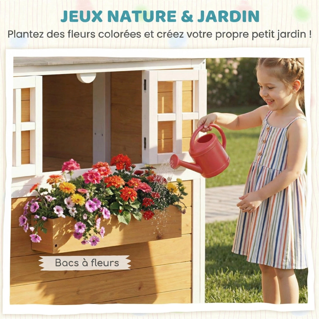 Casetta per bambini in legno da giardino con porta, finestre e 3 fioriere, casetta da gioco per esterno e interno, giallo