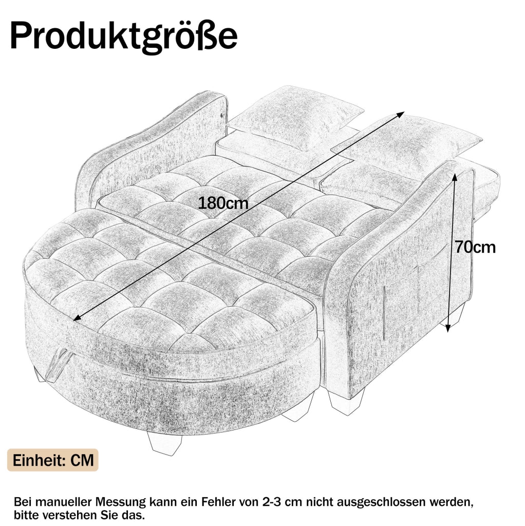 Divano letto trasformabile 132x129x93 cm con pouf contenitore in legno di eucalipto; ciano
