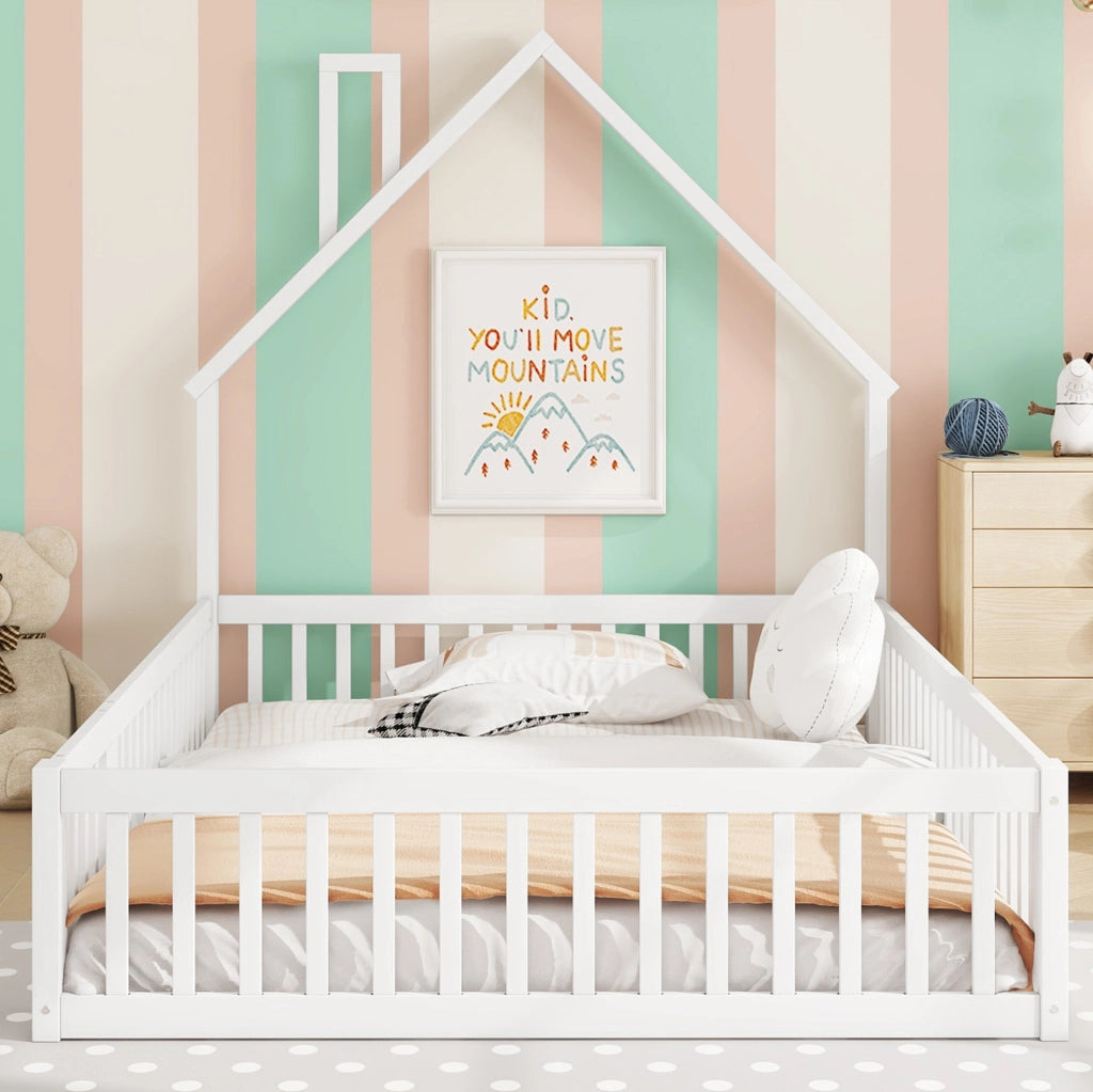 LETTO per bambini a forma di camino 140 x 190 cm in pino e MDF bianco