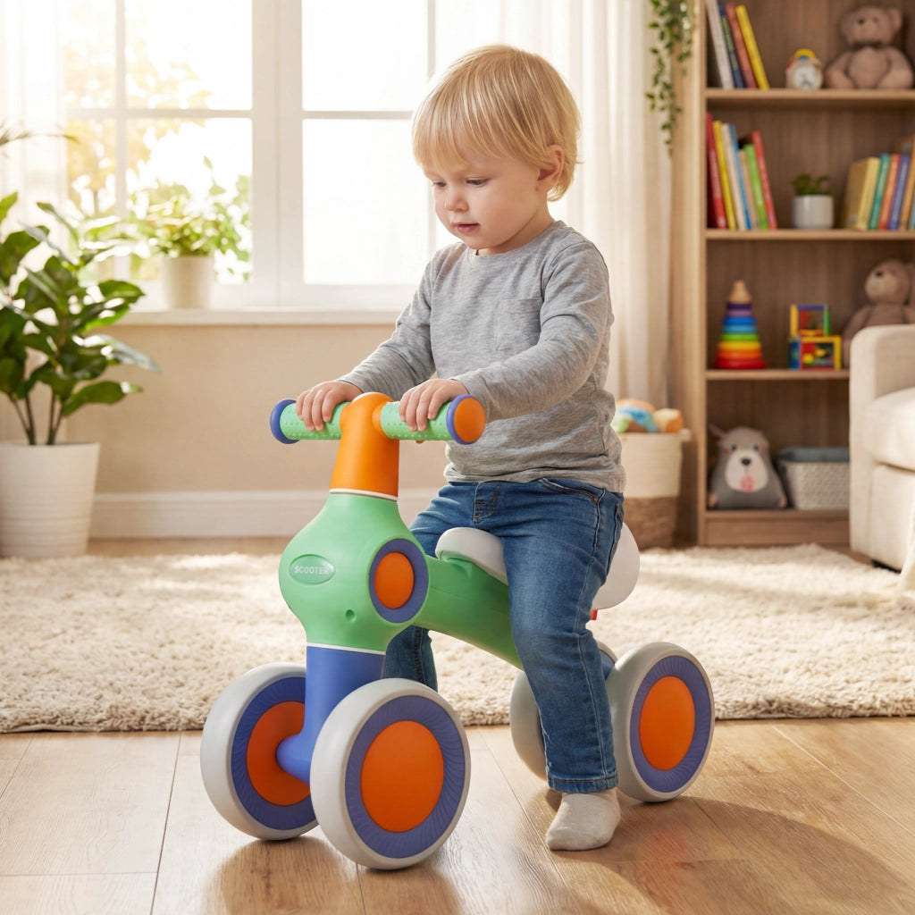 Bicicletta bambini senza pedali equilibrio sella morbida regolabile 4 ruote silenziose, Bicicletta montaggio rapido corsa bambini 1-3 anni Verde