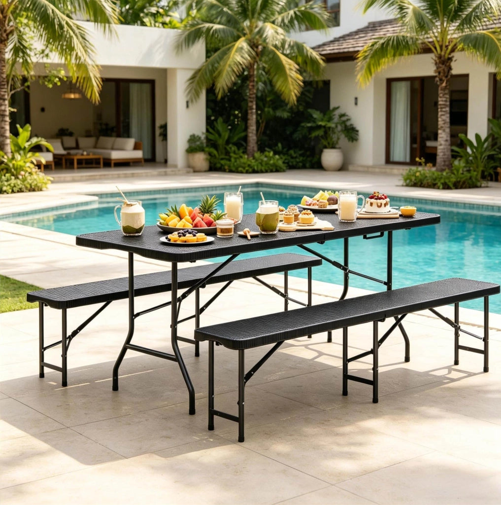 Set Mobili da Giardino Pieghevole per 8-10 Persone con Tavolo 180x74x70 cm e 2 Panche, Nero, Ideale per Esterno e Campeggio