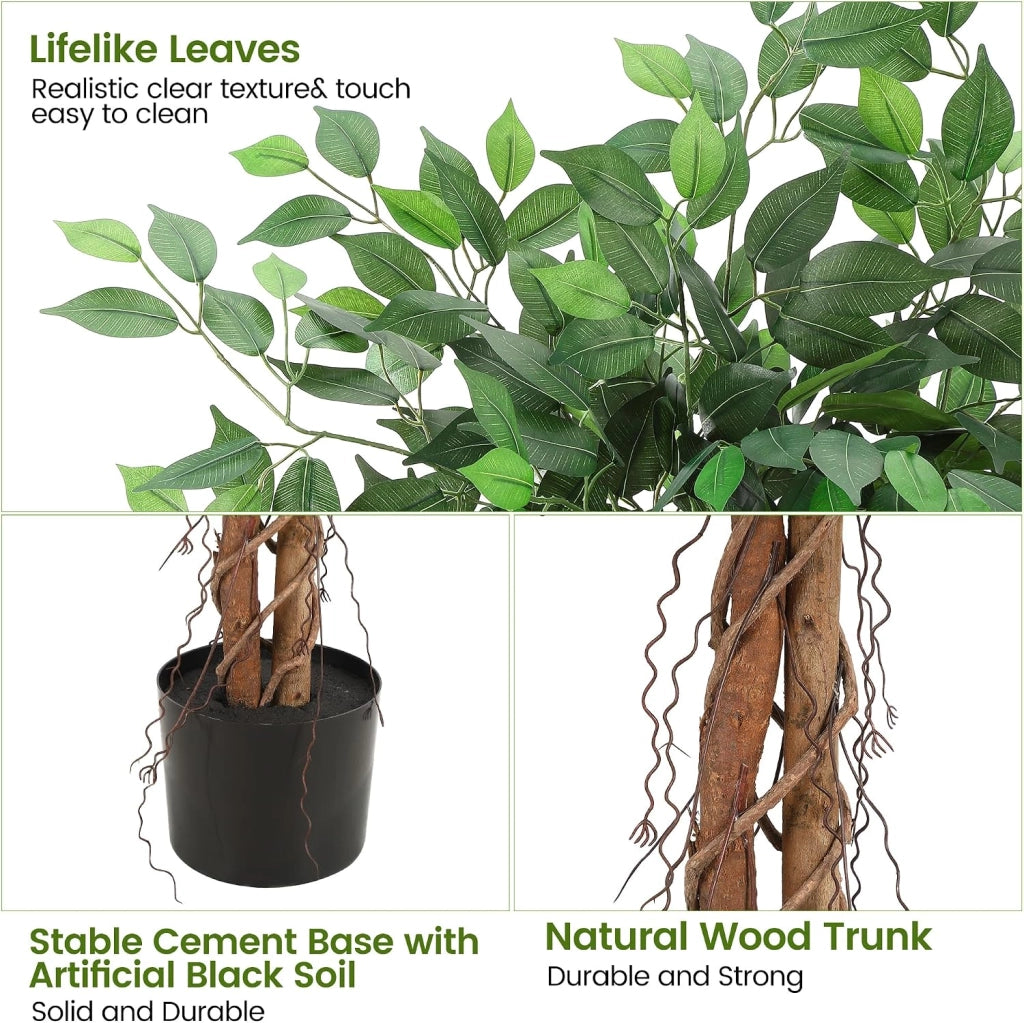 Ficus Artificiale 122 cm con Tronco in Legno Naturale e Vaso per Camera e Salotto