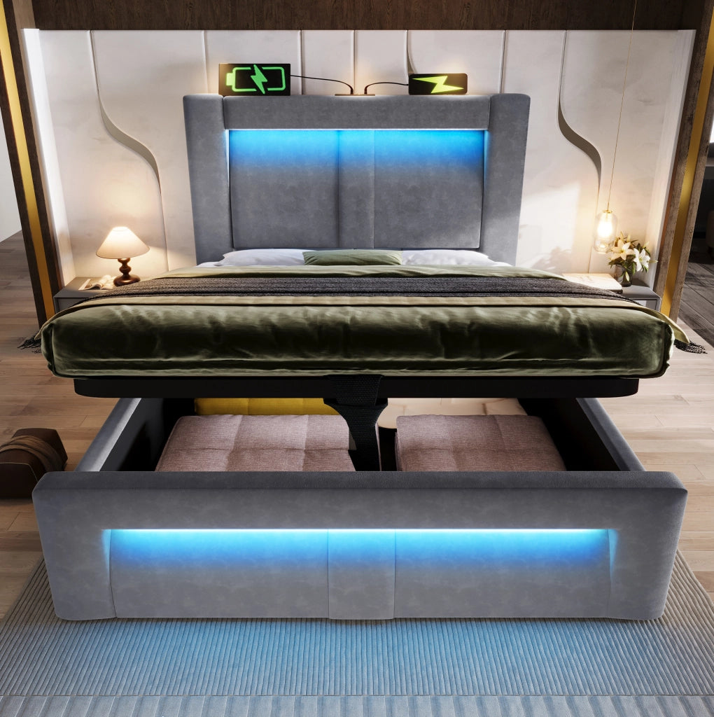 Letto singolo 90x200 cm con contenitore, LED e ricarica USB/Type-C