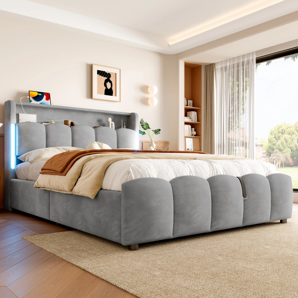 Letto contenitore 140 × 200 cm matrimoniale con vano idraulico; LED; USB e Type-C; senza materasso; in velluto grigio