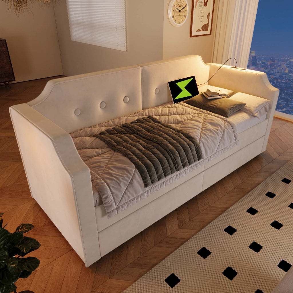 Letto con cassetti 90 × 200 cm con 2 cassetti; lampada da lettura; USB Type-C; velluto beige; rete a doghe