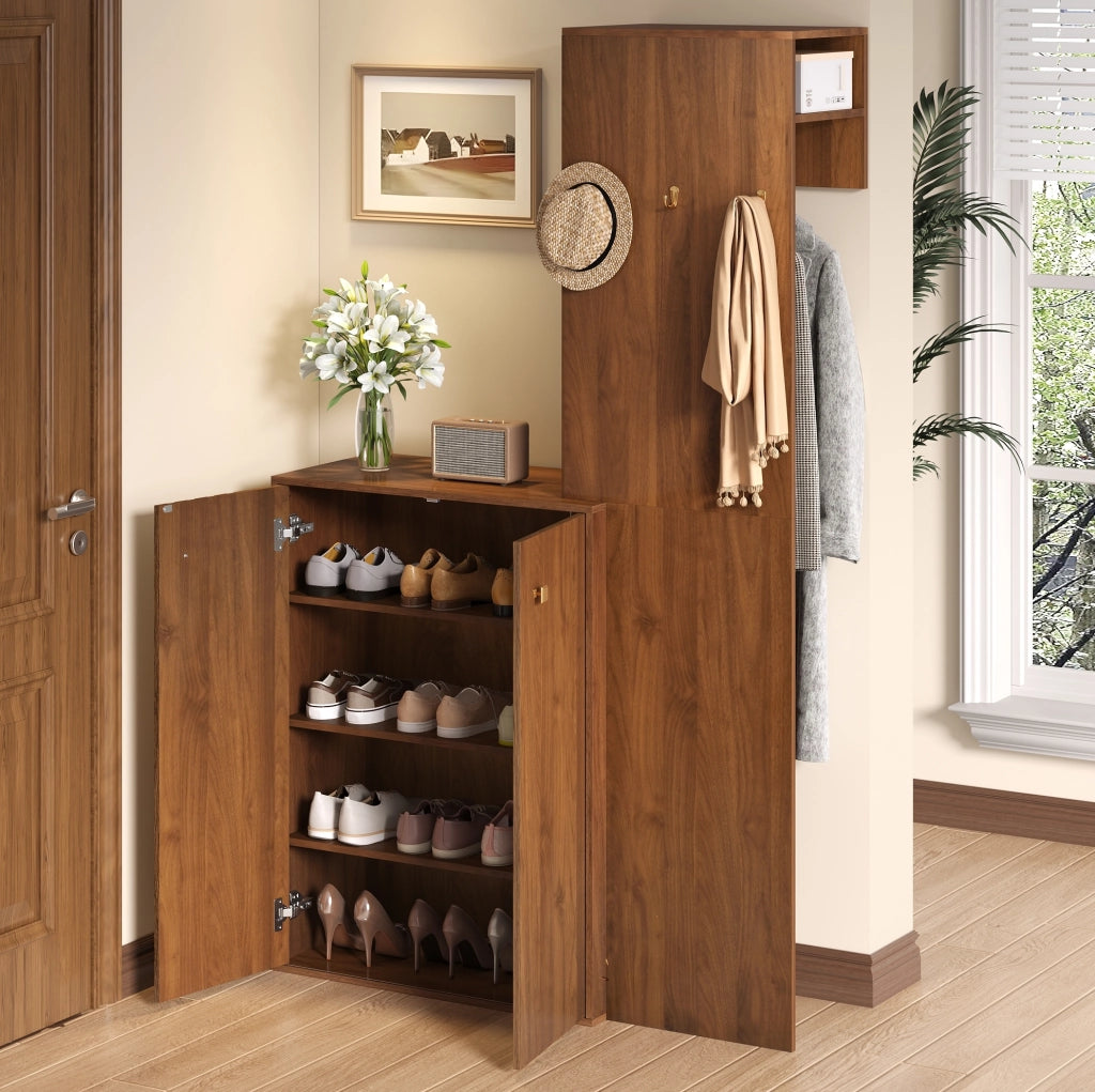 DESMIU Compact Garderobe aus MDF in Nussbaum mit Schuhschrank, Kleiderstange und Haken, 115x38,5x191,5 cm