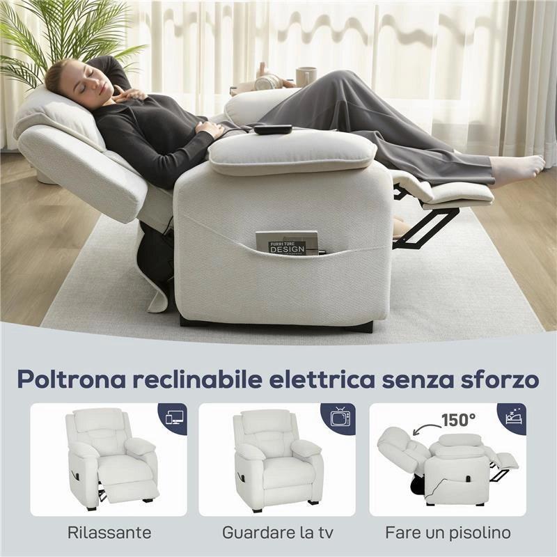 POLTRONA RECLINABILE 150¦ EFFETTO VELLUTO CON POGGIAPIEDI, TELECOMANDO E TASCA LATERALE, 96X90X103 CM, BEIGE