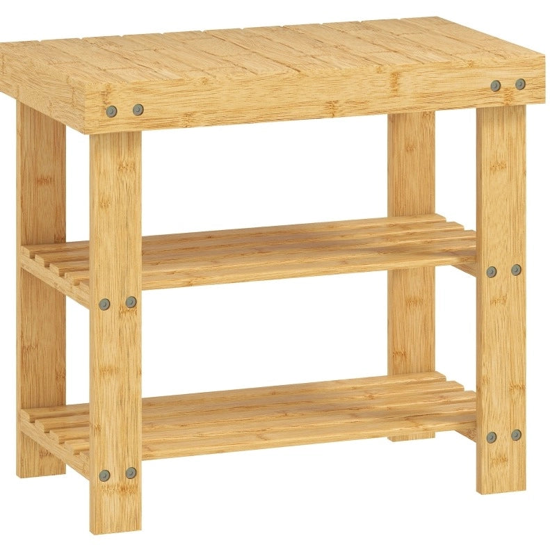 Panca Porta Scarpe in Bambù Naturale con 2 Ripiani e Seduta 50x28x45 cm per Ingresso e Corridoio