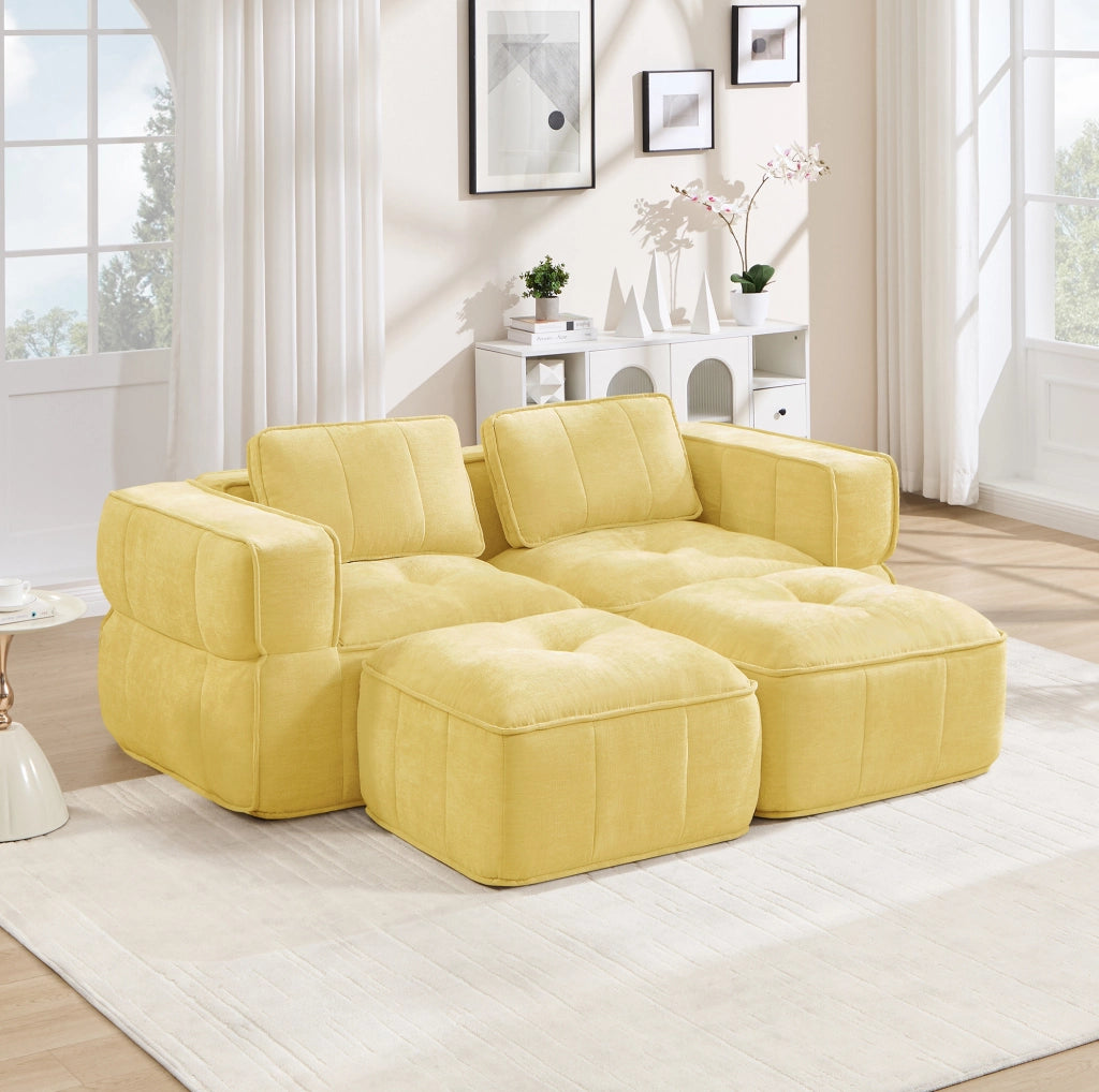 Divano modulare 2 posti 198x162x67 cm in poliestere giallo con 2 pouf