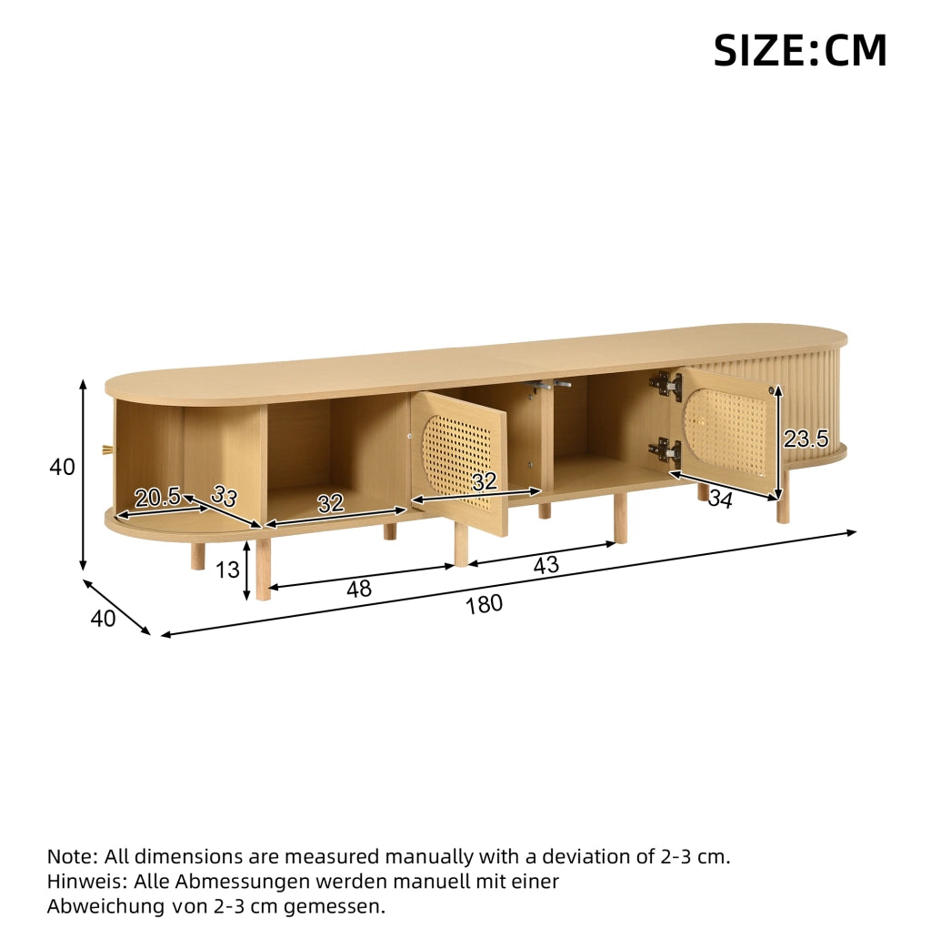 Mobile TV in MDF color legno chiaro 180 x 40 x 40 cm con ante in rattan; per TV fino a 75 pollici
