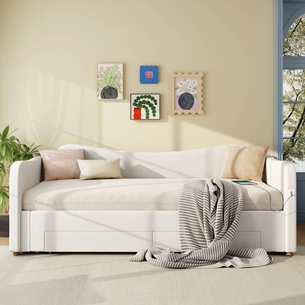 Letto per bambini estensibile 90-180 x 200 cm con 2 cassetti e USB, letto singolo imbottito in velluto beige