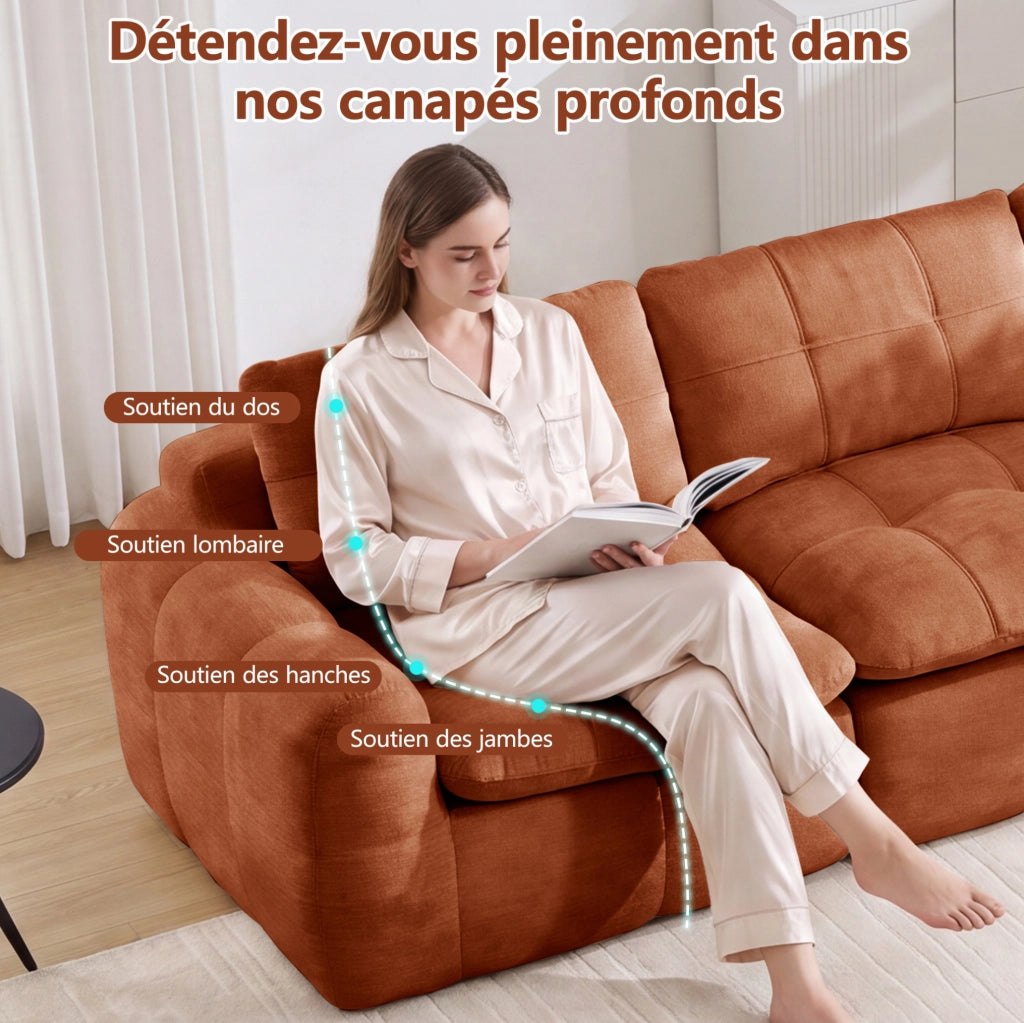Divano modulare senza telaio 2 posti in chenille arancione con cuciture a quadri e 2 pouf, comodo e flessibile per soggiorno e appartamenti