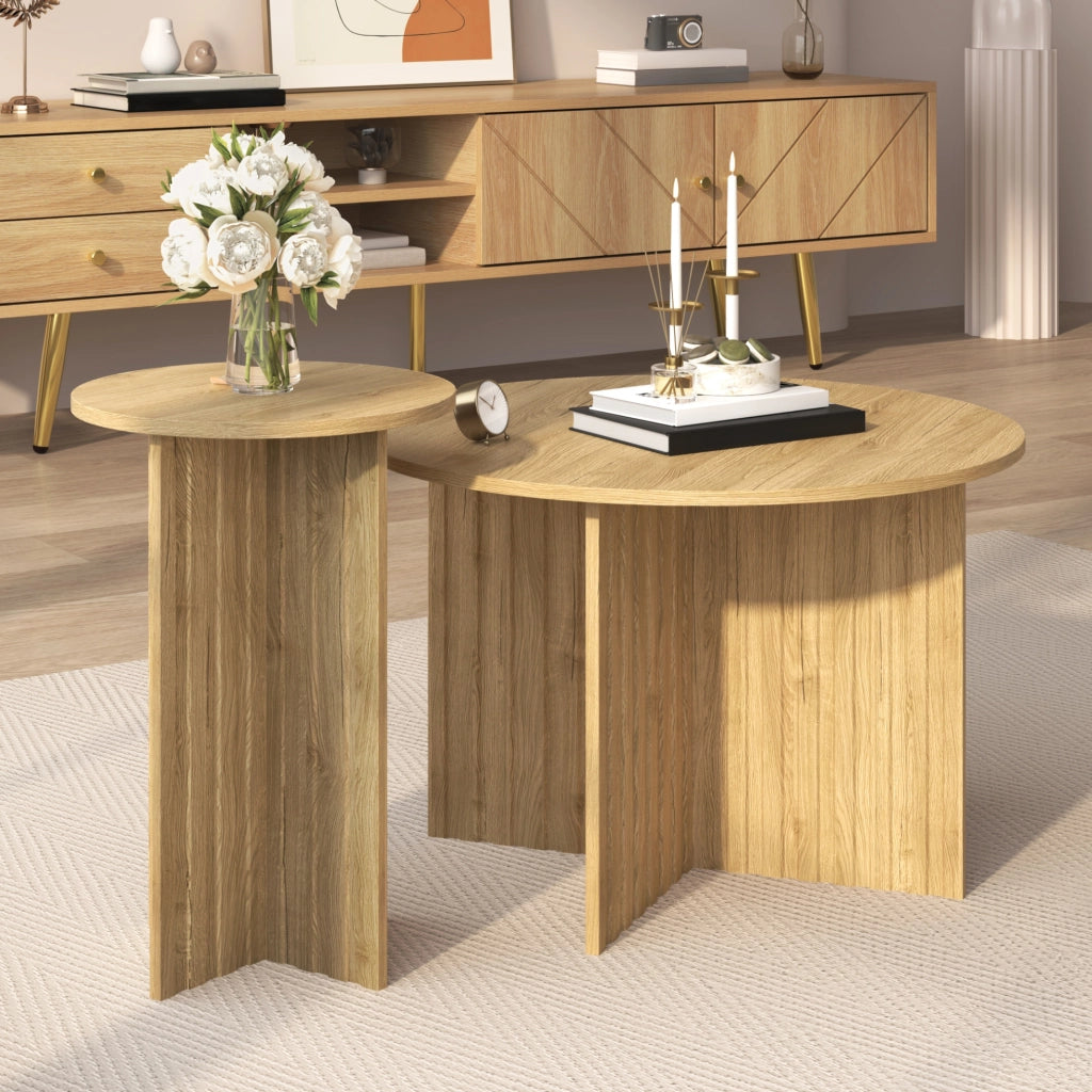 Set di 2 Tavolini Nest in Legno con Piano Rotondo, MDF e PB, Stile Scandinavo, Dimensioni 76x50 cm e 40x56,5 cm, Colore Legno
