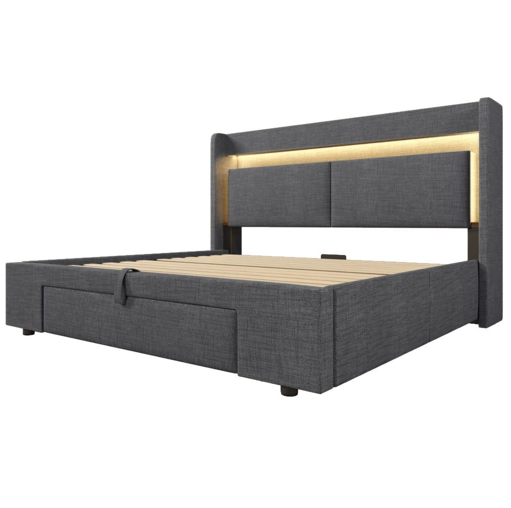 Letto imbottito 160x200 cm con contenitore idraulico, LED e porte USB, in lino grigio