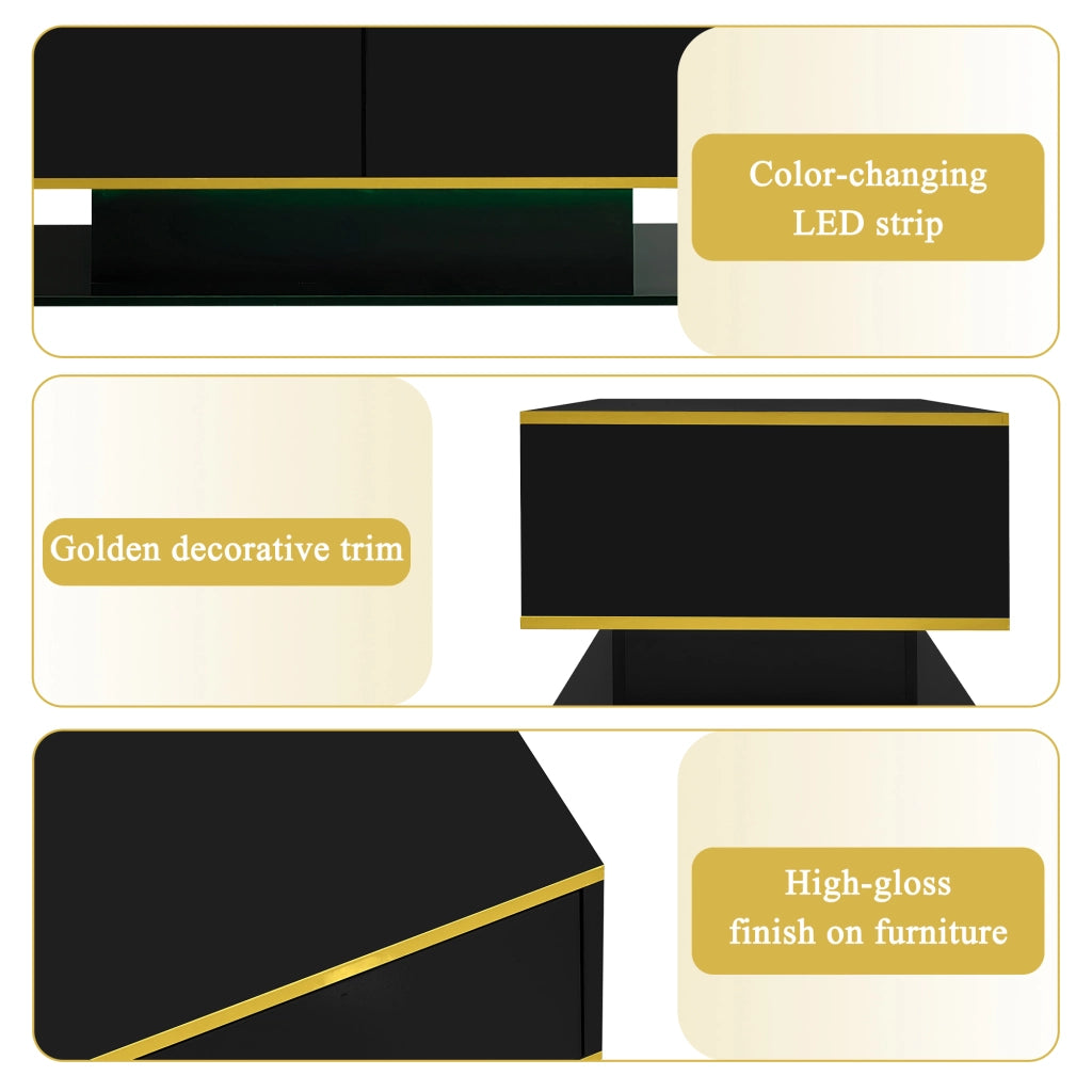 Tavolino da salotto LED con 3 cassetti e vano aperto, finitura lucida con decori dorati, nero, 100 × 50 × 40 cm