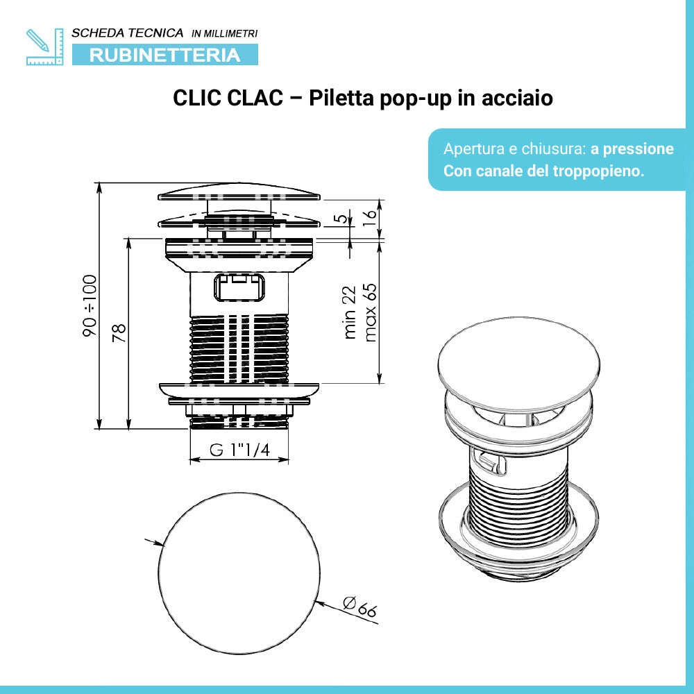 Piletta click-clack con troppo pieno oro opaco in acciaio inox