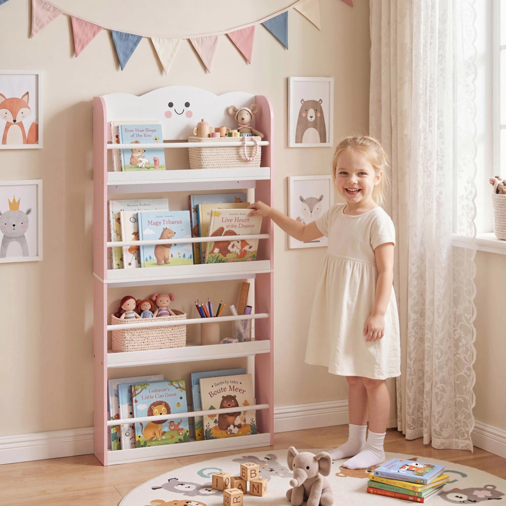 Libreria Montessoriana per Bambini 3-6 Anni con Tema Zucchero Filato, 4 Ripiani in Legno, per Cameretta, Rosa