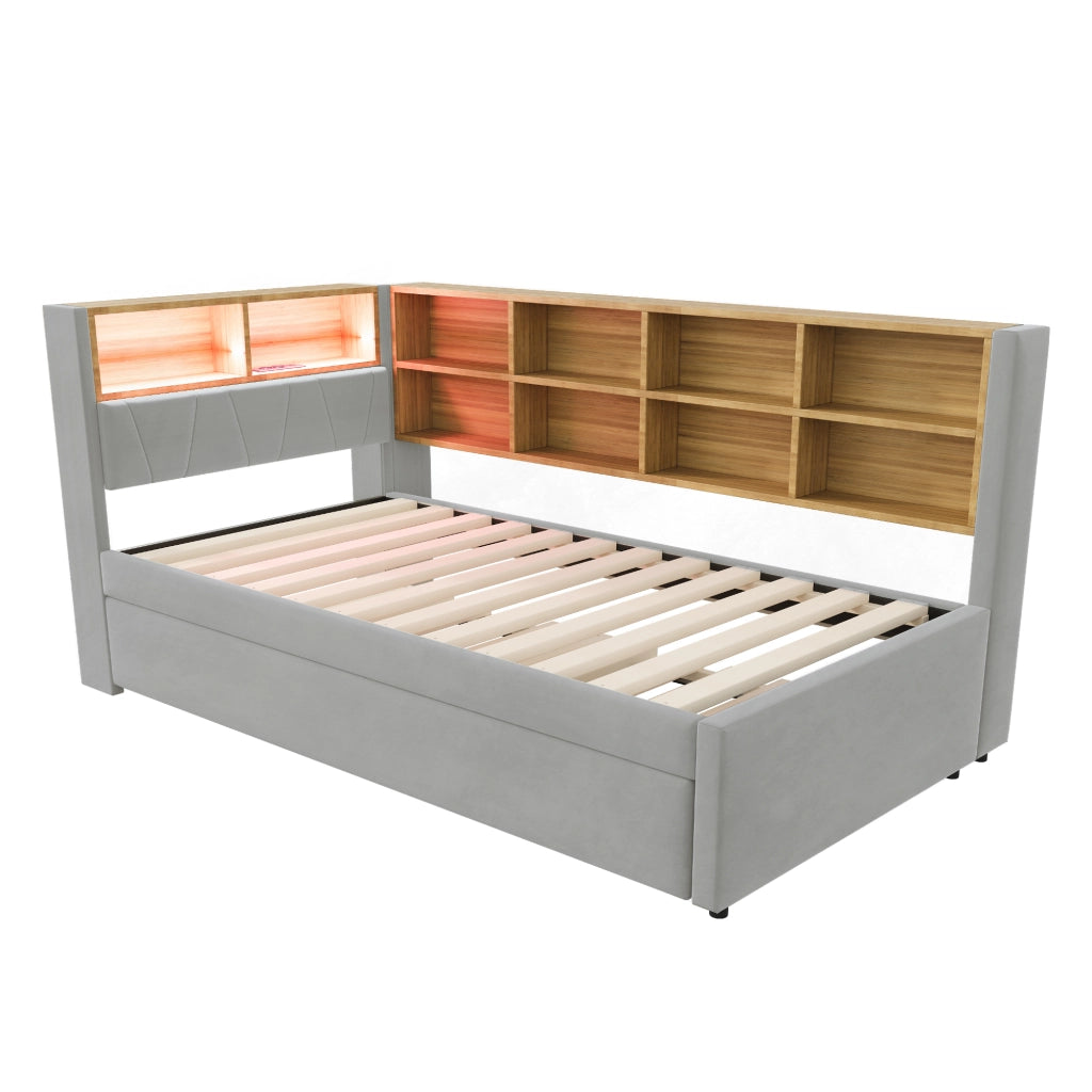 Letto con letto estraibile 90 × 200 cm con LED USB Type-C presa e vani portaoggetti in flanella grigio chiaro