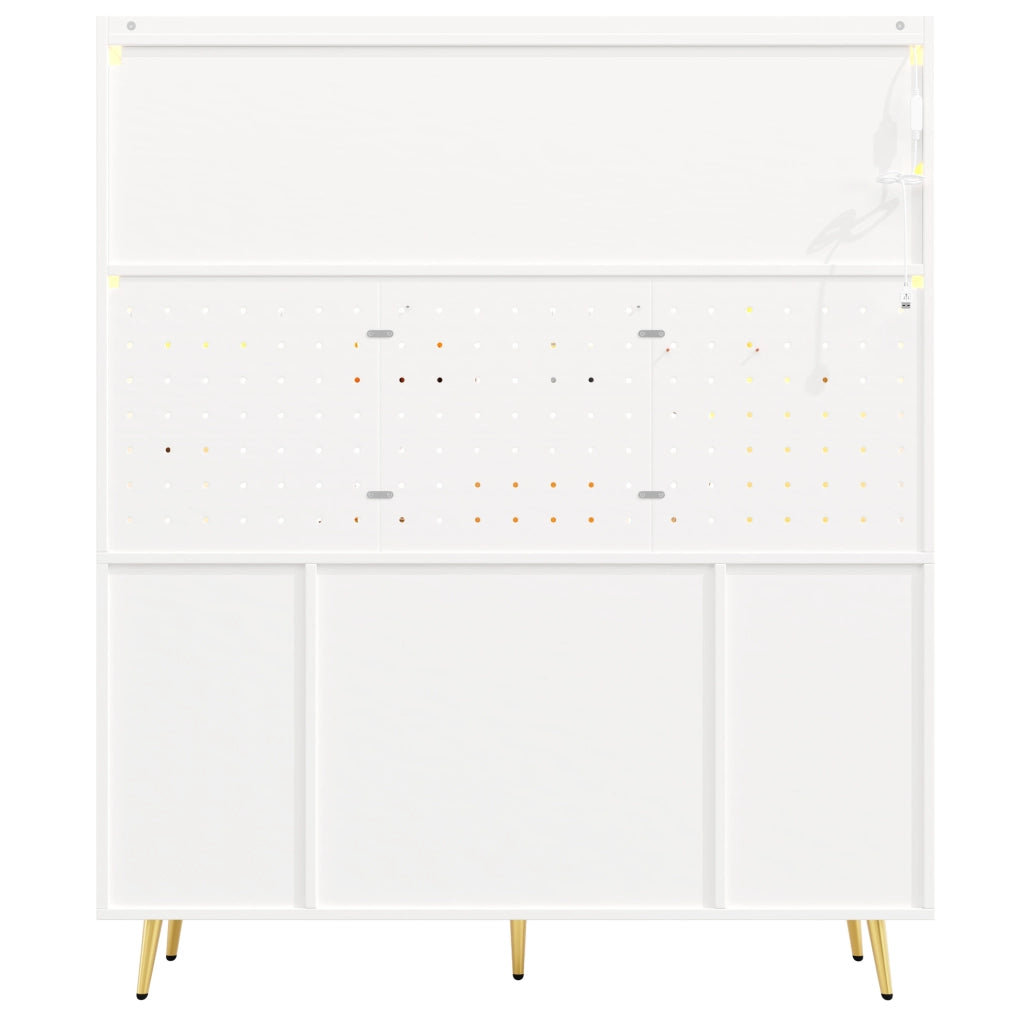 Sideboard moderno con LED, armadio alto per cucina e soggiorno con pannello forato, cassetti e porta in vetro, bianco, 145x39x171 cm