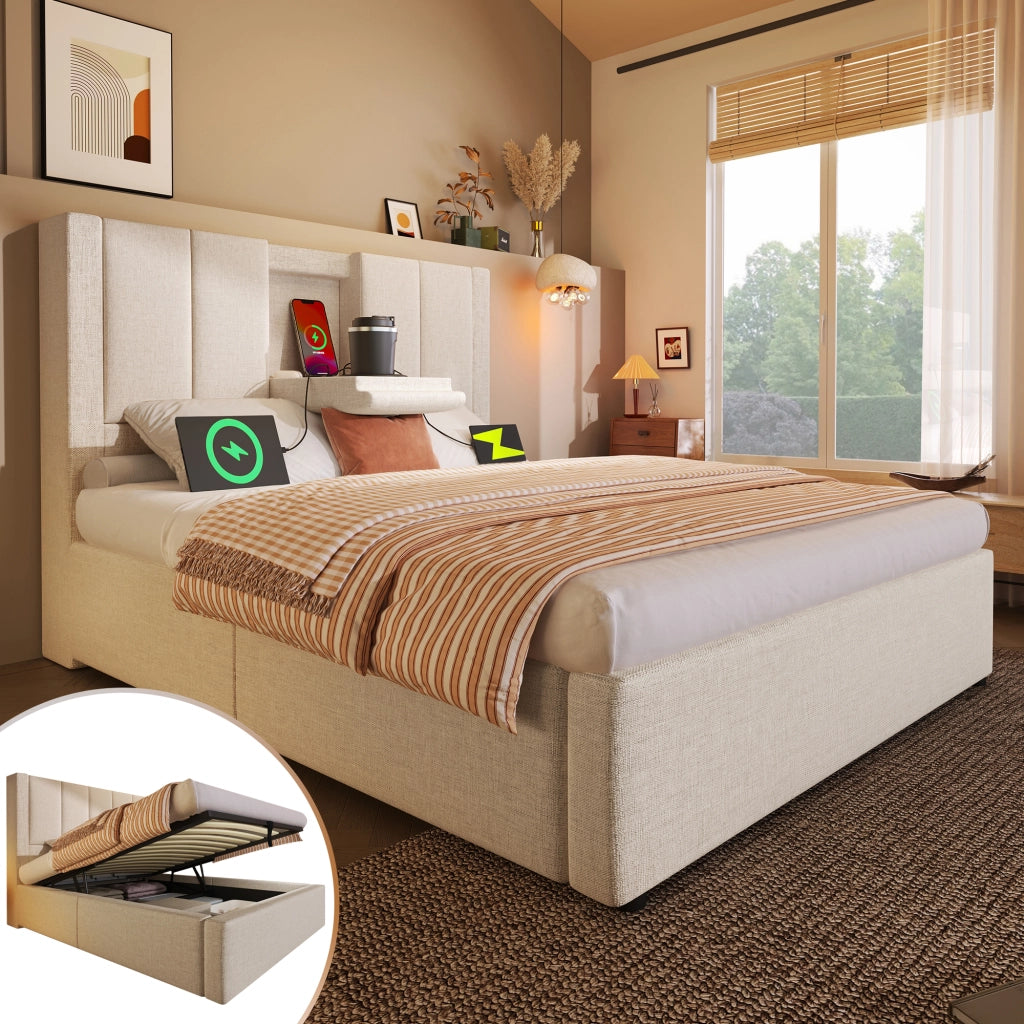 Letto singolo 90 × 200 cm con contenitore; 3 USB; ricarica tipo C e portabicchiere; senza materasso