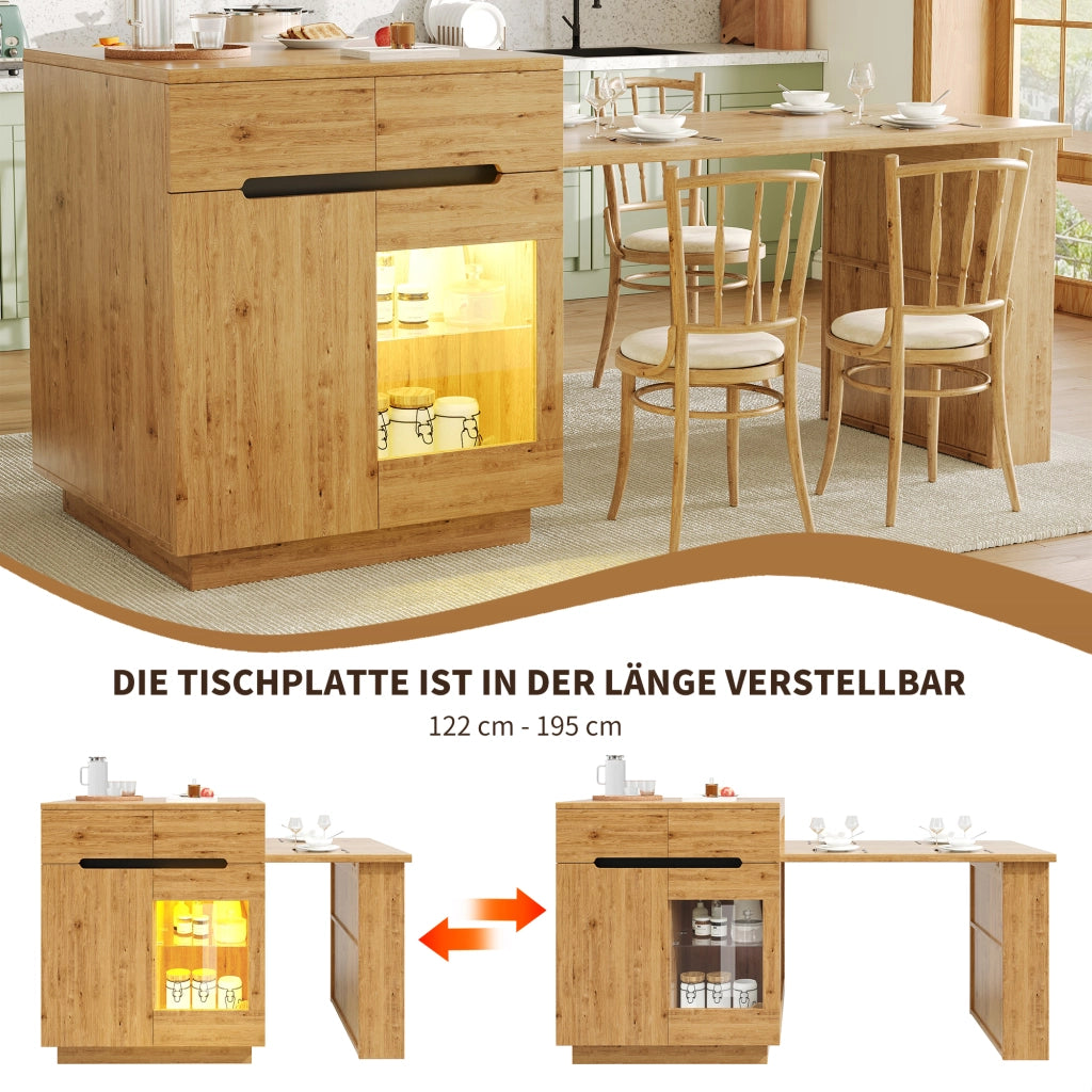 Isola da cucina con tavolo estraibile LED controllabile tramite app e telecomando in MDF colore legno 122-195 cm