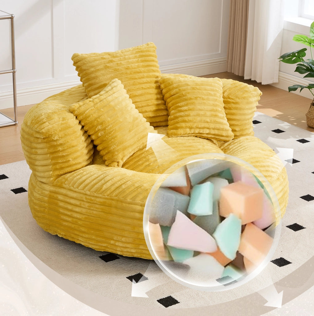 Poltrona pouf in velluto giallo con schienale alto e tre cuscini, 108x108x52 cm, capacità 250 kg