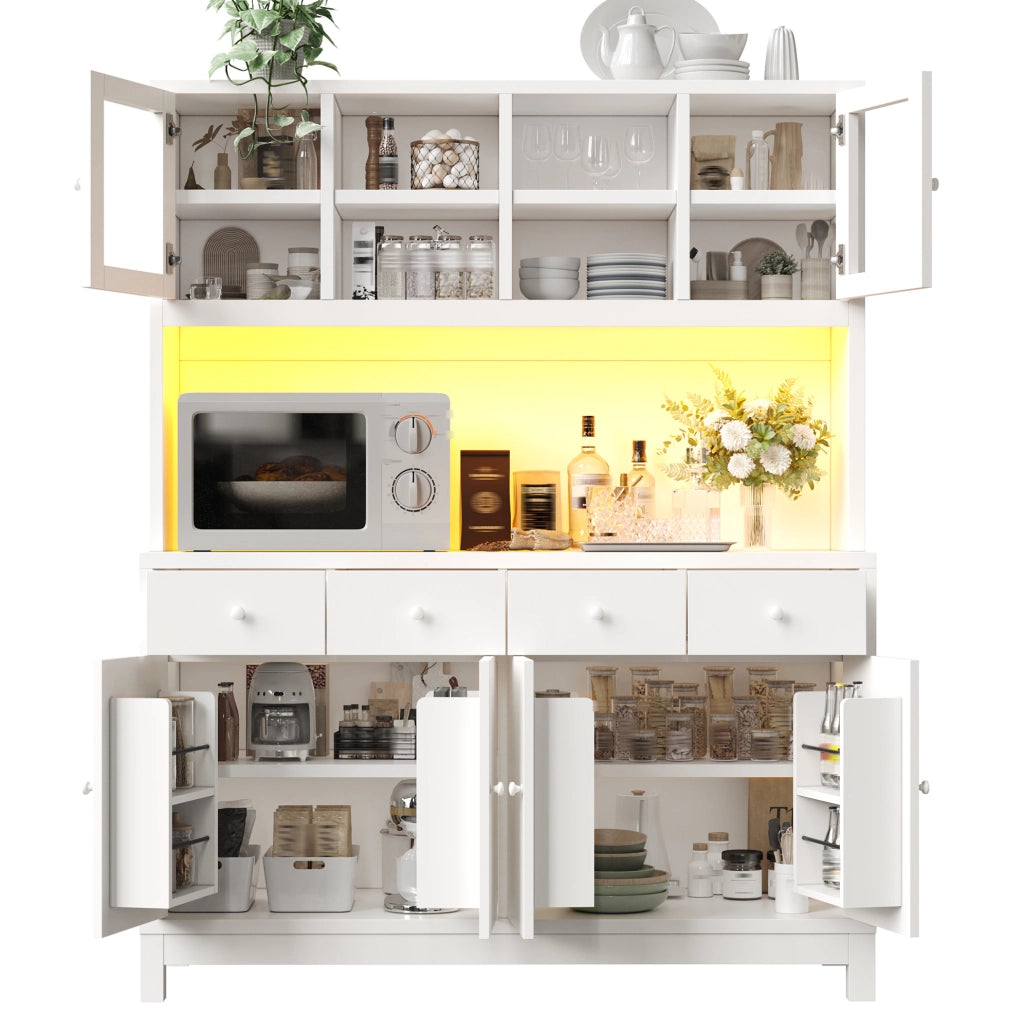 Credenza alta da cucina 140x38,5x180 cm con LED RGB, vetrina e 4 cassetti bianca HAVRYA