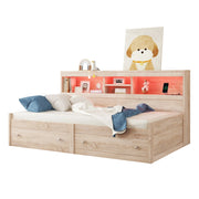 Letto singolo 90×200 cm con LED; USB; 2 cassetti e vani; rete inclusa; senza materasso; naturale