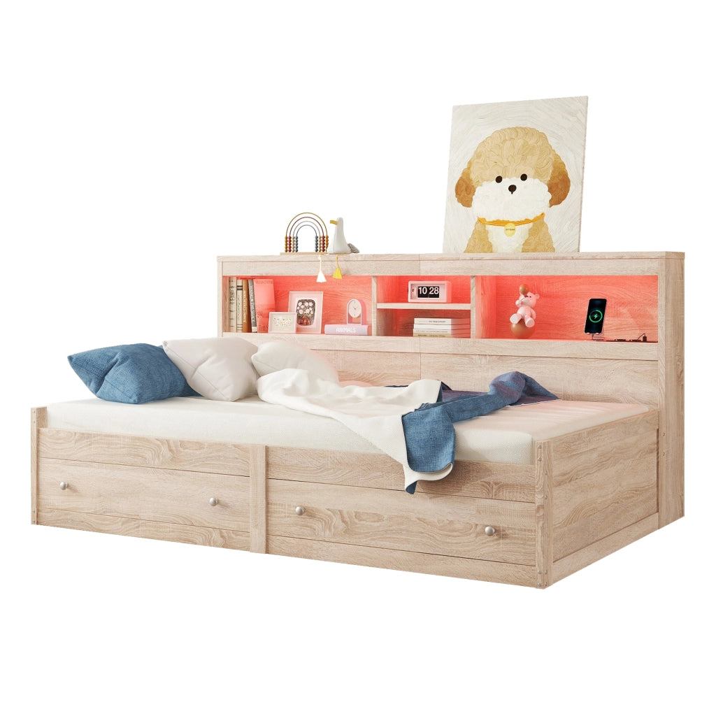 Letto singolo 90×200 cm con LED; USB; 2 cassetti e vani; rete inclusa; senza materasso; naturale