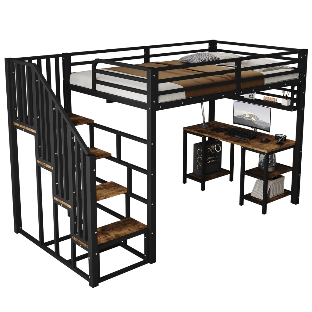 Letto a soppalco per bambini 120 × 200 cm con scrivania scaffale scale con corrimano metallo e legno nero noce scuro