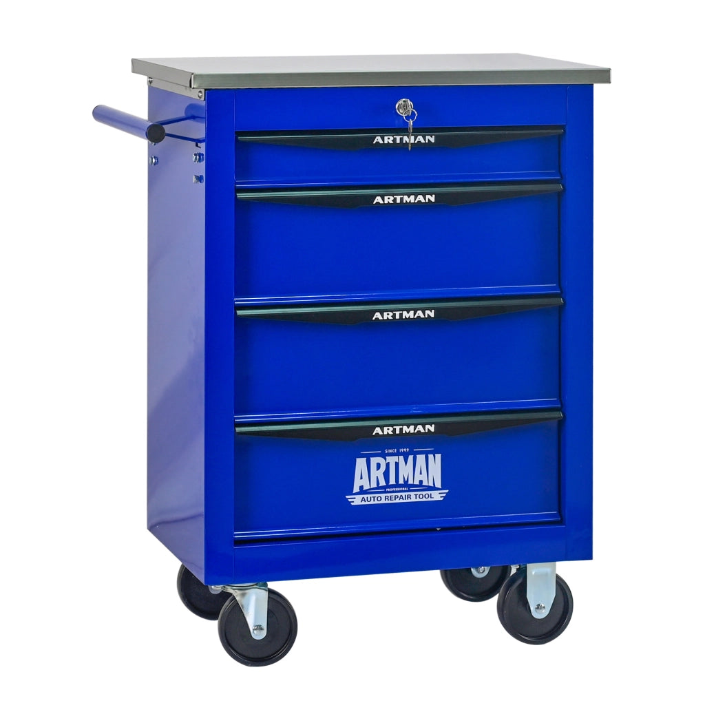 Carrello officina multifunzionale a 4 cassetti con ruote, struttura in acciaio verniciato, con piano in acciaio inox, nero e blu, 62,5x34,5x78 cm