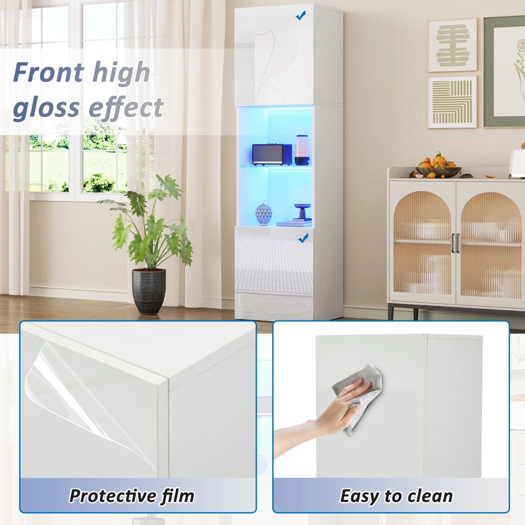 Vetrina alta con LED Bluetooth e ripiano in vetro temperato in truciolare bianco lucido 45 × 35 × 160 cm