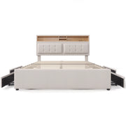 Letto matrimoniale imbottito 140x200 cm con 4 cassetti, testiera regolabile, prese USB e presa Tipo C, rete in legno