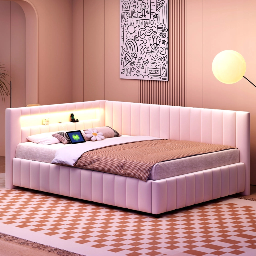 Letto imbottito con LED e USB - Xylo - 140x200 - Beige