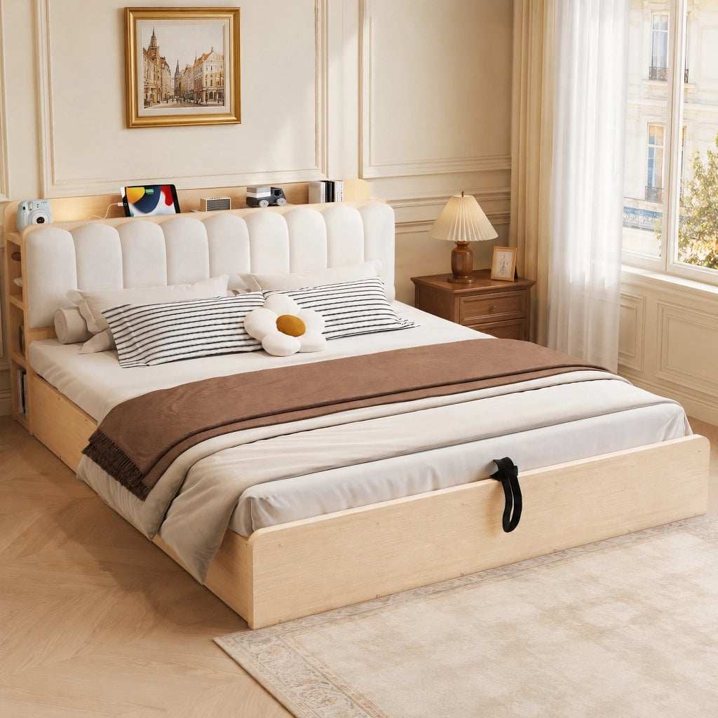 Letto contenitore 180 × 200 cm con sollevamento idraulico testiera imbottita USB luce notturna legno naturale