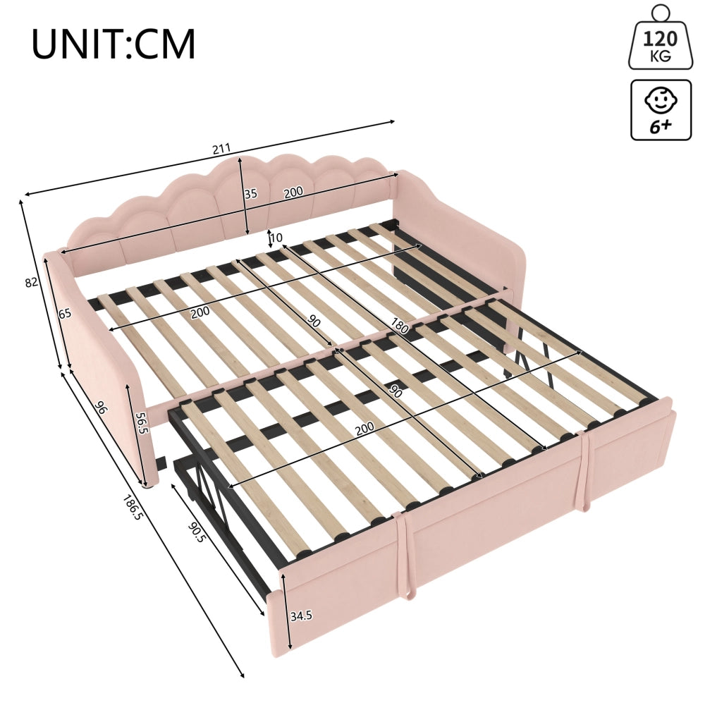 Letto Giorno con Letto Estraibile e LED Multicolore, Velluto Rosa, 90x200 cm (180x200 cm)