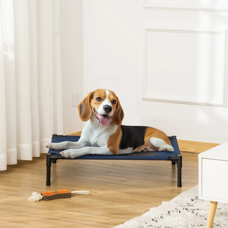 Letto rialzato per cani in tessuto oxford blu con telaio in acciaio, traspirante, per interni ed esterni 76 × 61 × 18 cm