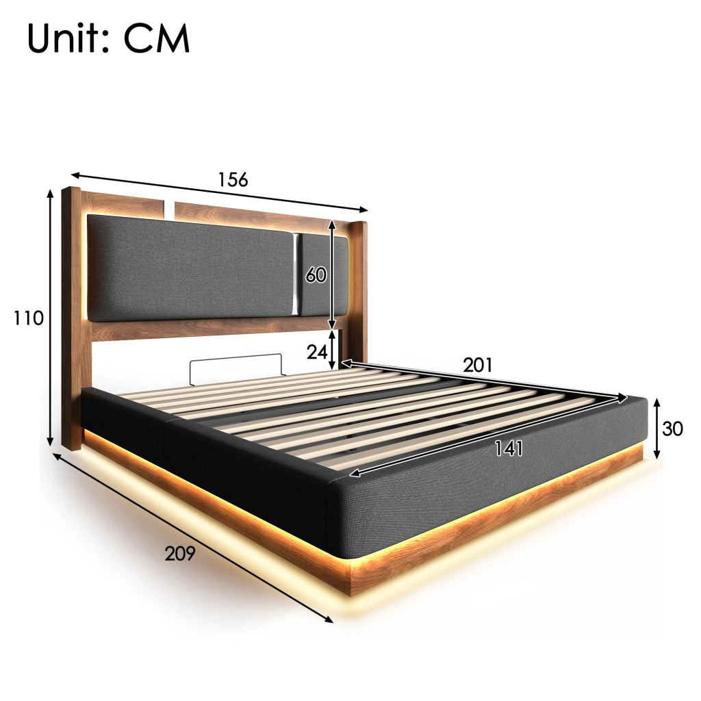 Letto matrimoniale 140 × 200 cm con contenitore idraulico; LED regolabile; senza materasso; grigio e noce