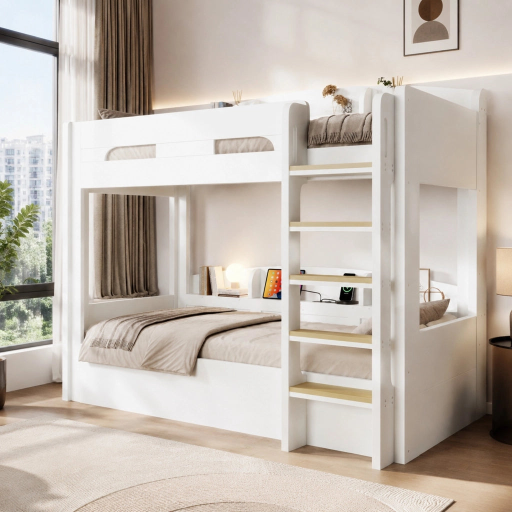 Letto a castello 90x200 cm con presa USB e ripiani laterali bianco HOMVRA