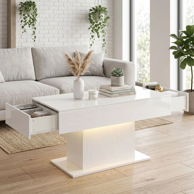 Tavolino basso fisso con LED RGB 7 colori; 2 cassetti senza maniglie in legno ingegnerizzato bianco lucido